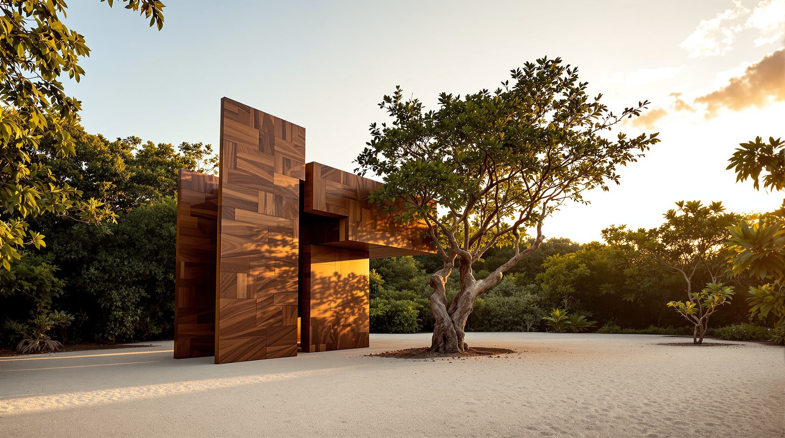 Instalación contemporánea de madera recuperada en galería al aire libre rodeada de selva