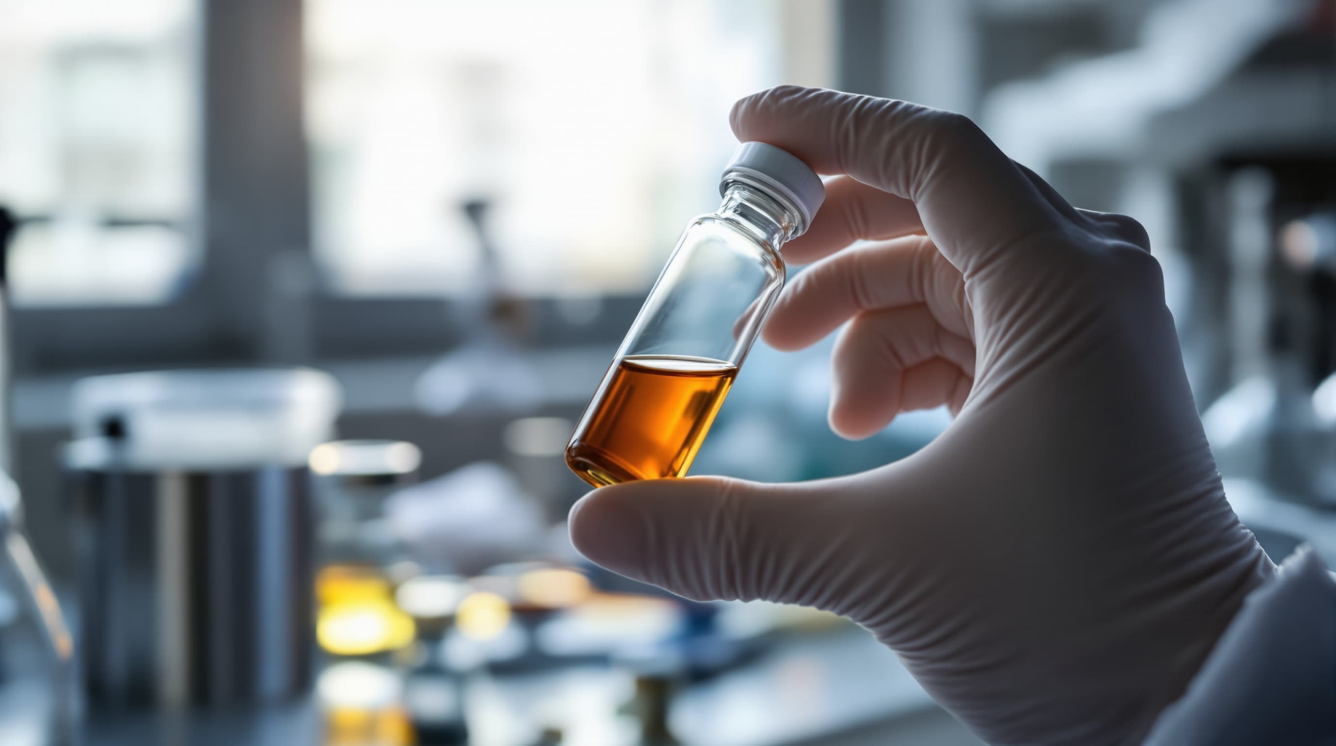 Manos de médico sosteniendo vial de terapia celular con luz natural