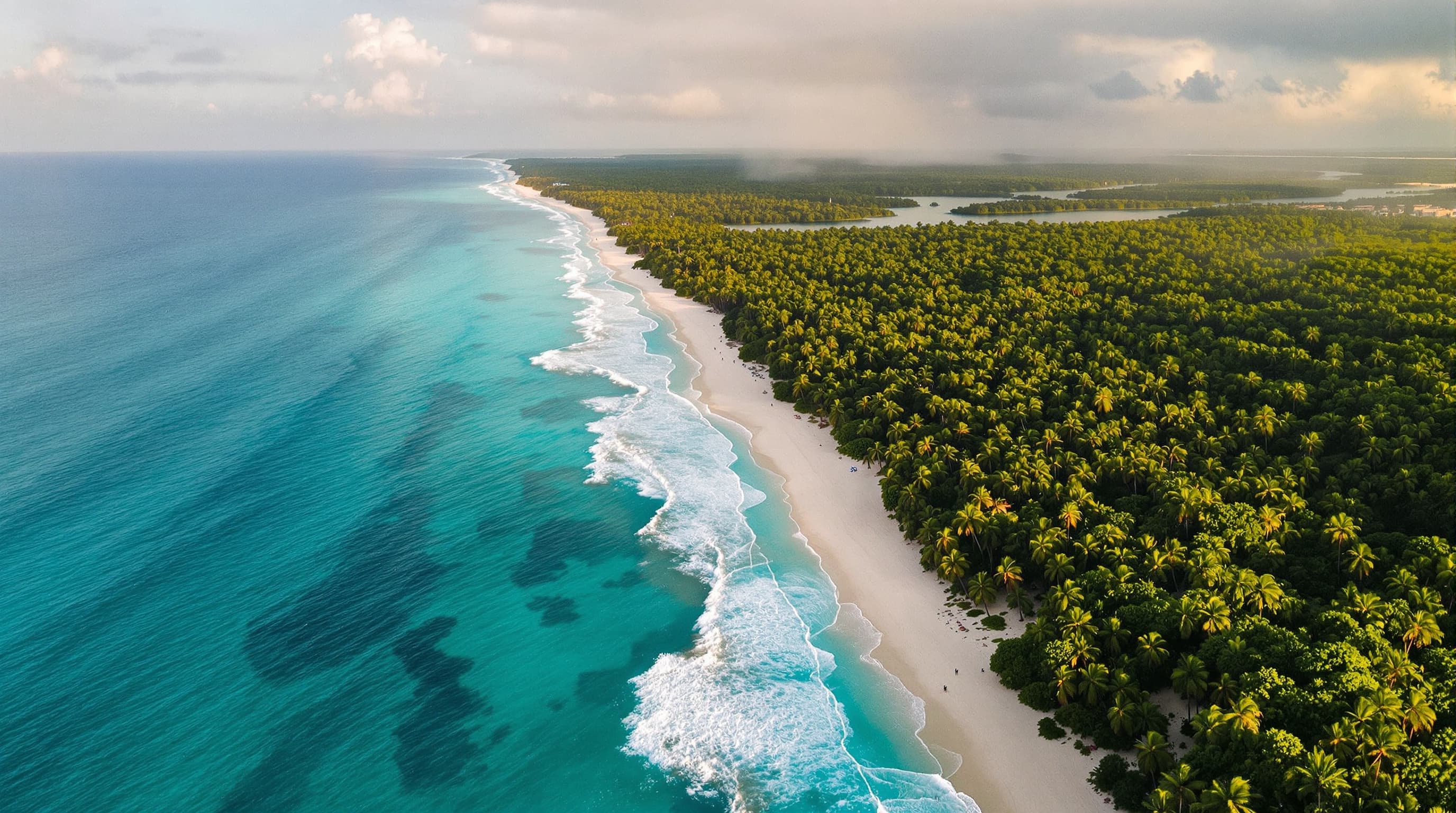 Vista aérea de la costa de Tulum donde la selva se encuentra con el mar Caribe al amanecer